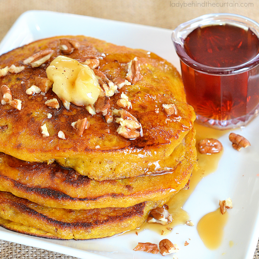 Pumpkin Pancakes with Brown Butter and Apple Cider Syrup