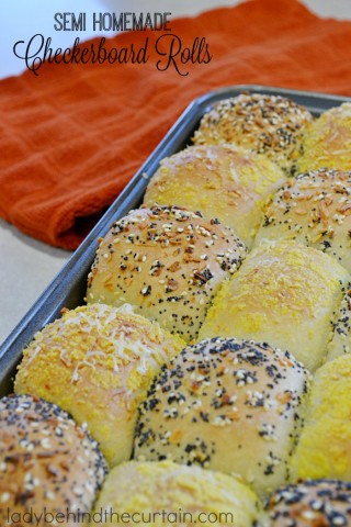 Semi Homemade Checkerboard Rolls | Tender tasty rolls. Some of the rolls have been rolled in seeds, minced onions while the other half of the rolls are rolled in corn meal and Romano cheese. Now that's a tasty roll!