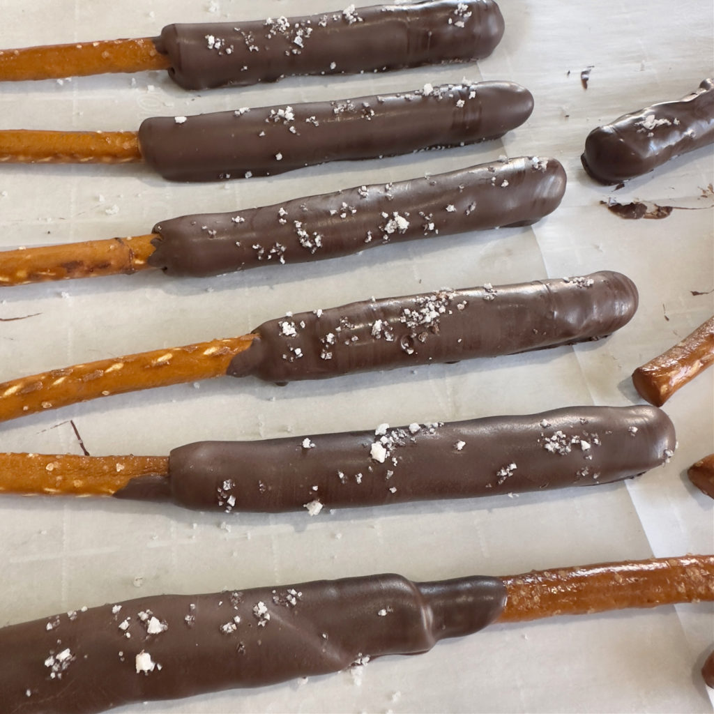 Salted Caramel Dark Chocolate Pretzel Rods